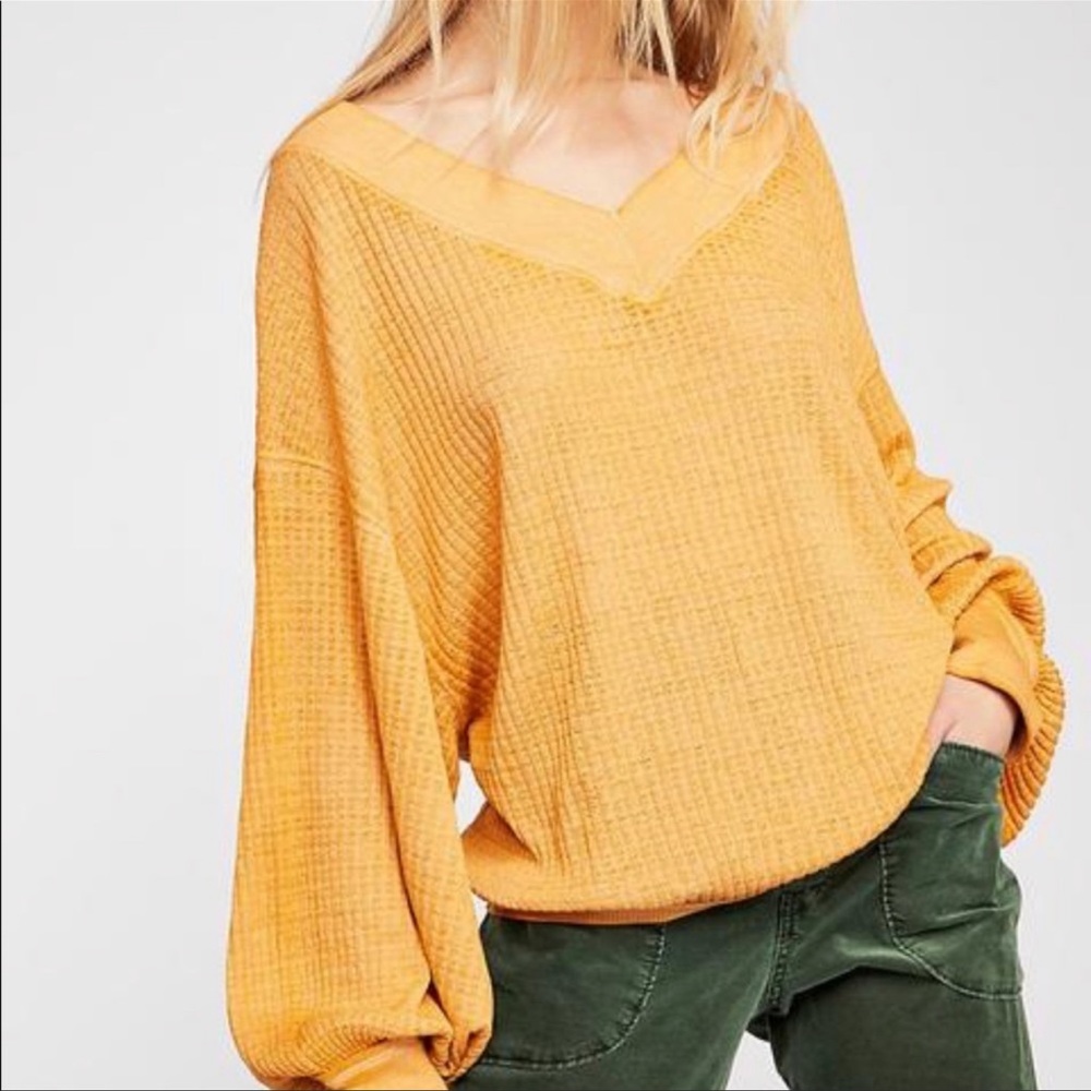 Free People sheer, mustard waffle knit top - XS
